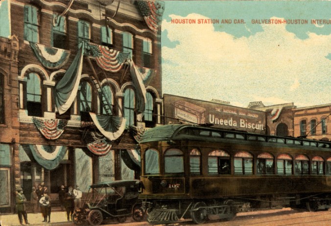 Houston station and car from Galveston-Houston Interurban Railroad, 1915. Courtesy of Special Collections, University of Houston Libraries.